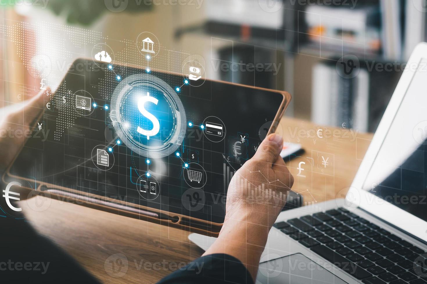 Businessman using tablet Banking and online payments, Icon Bank, innovative financial technology develop products, investing in currency rate growth and long-term profit in global business. photo