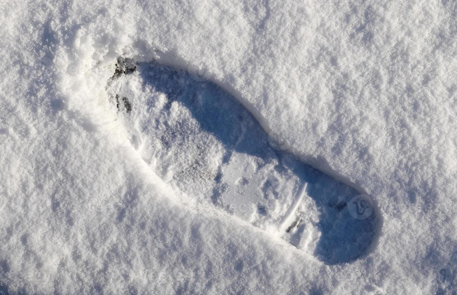 Footsteps of male shoes in fresh white snow in winter photo