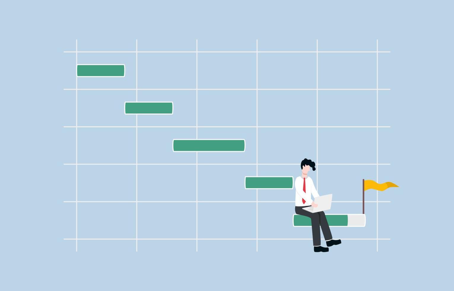 diagrama de Gantt para la planificación de proyectos, gestión de tareas, ejecución de flujo de trabajo para el concepto de éxito empresarial. hombre de negocios que trabaja con una computadora portátil sentada en la última barra horizontal del diagrama de gantt del proyecto. vector