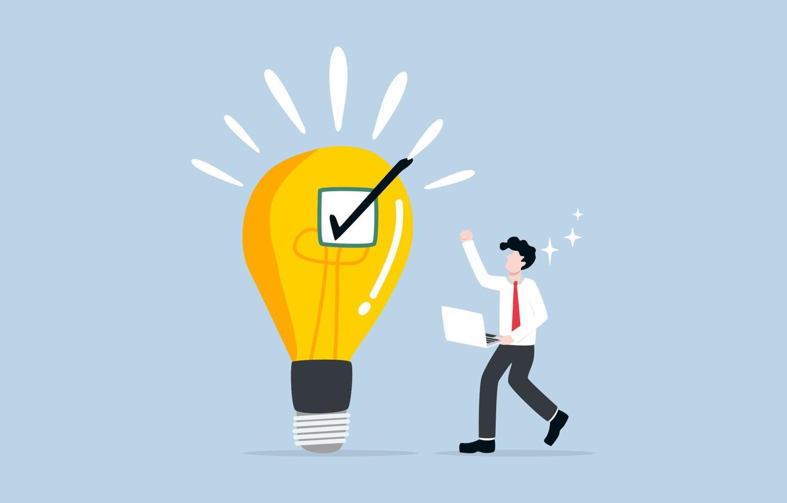 Approve idea for project, creativity for winning work presentation, solution to complete tasks concept. Happy business expressing delight with completed check pasted to idea light bulb. vector