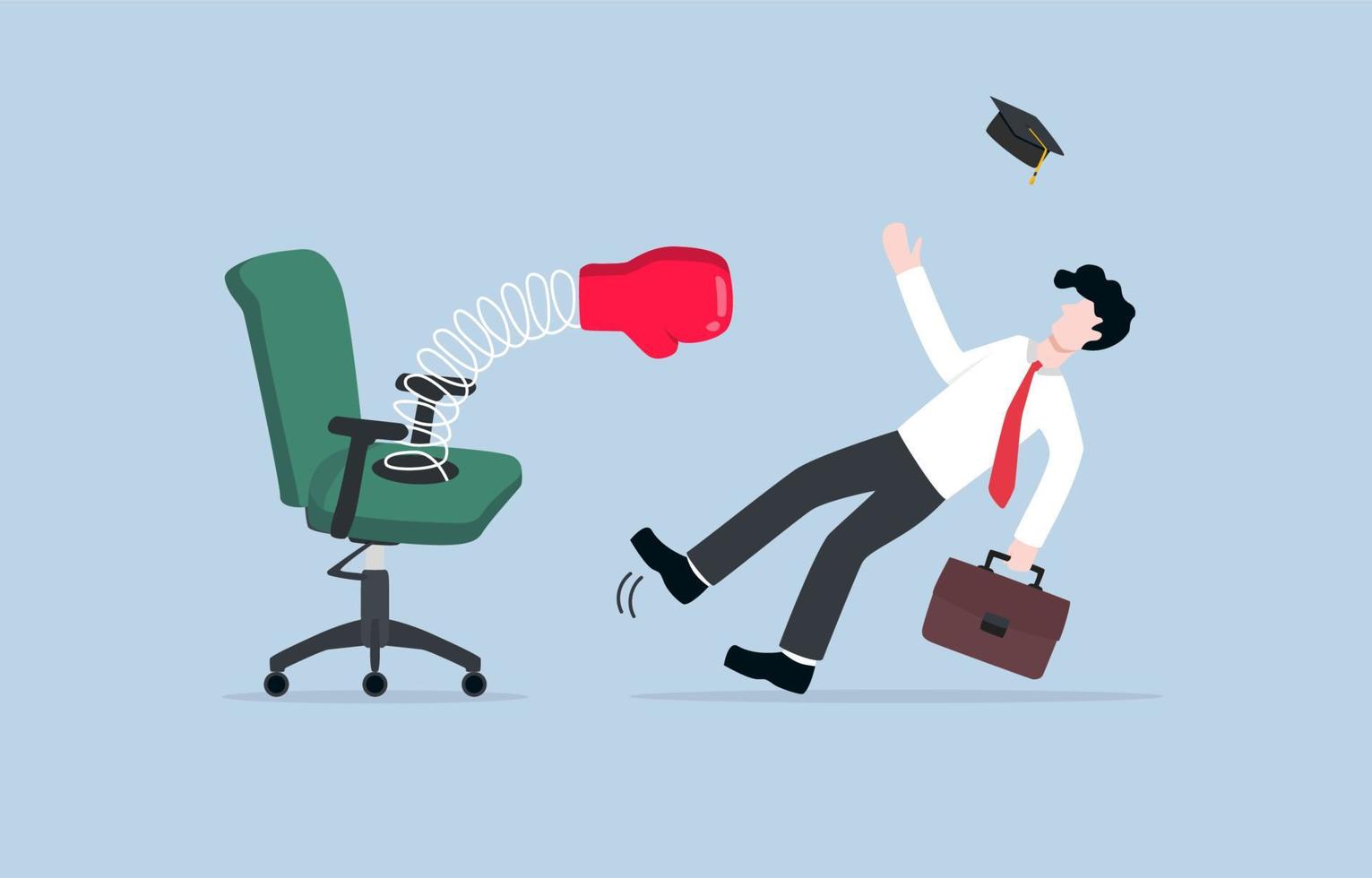 Failing to get job or having less experience than required, unemployment problem of new graduates concept. Vacant chair knocked down inexperienced candidate with big attached boxing glove. vector
