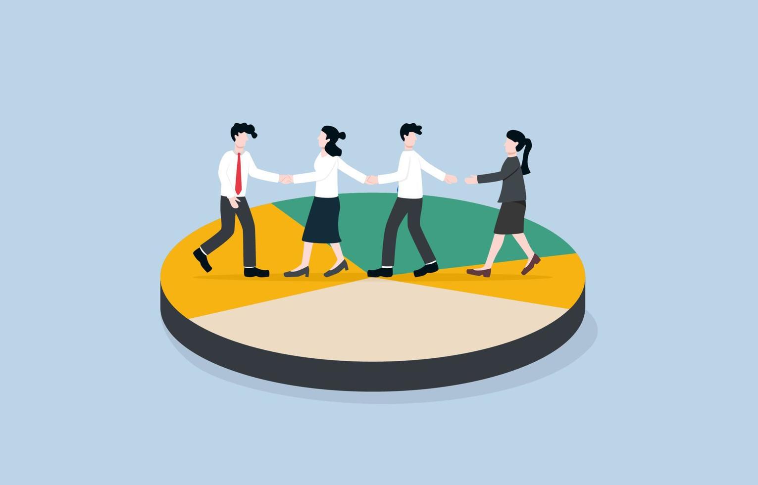 Merger and acquisition to more marketing power,  business collaboration to get fast productivity concept. Businessman welcoming businessperson teammates on joined color part of pie chart. vector