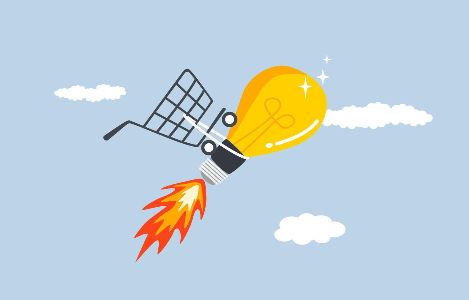 Creative idea to boost sales, marketing plan to reach more customers and increase profit concept. Shopping cart tied to bright idea light bulb rocket soaring high in sky. vector