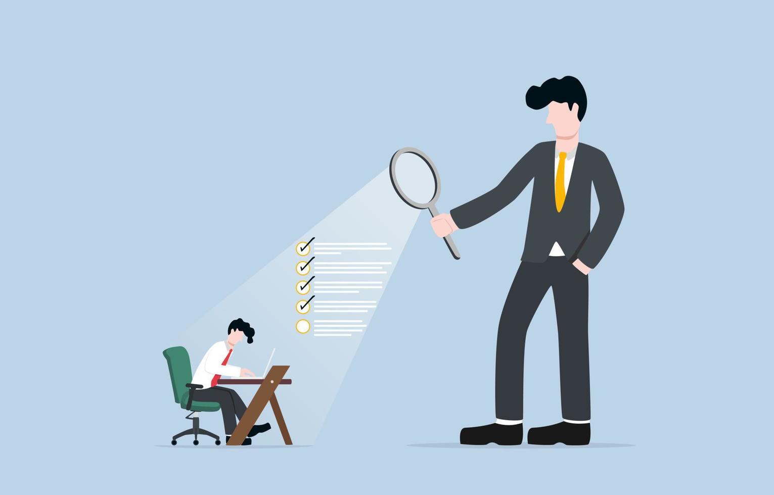 Employee performance assessment, giving  review to improve productivity, individual work rating concept. Boss use magnifying glass to evaluate employee according to each items. vector