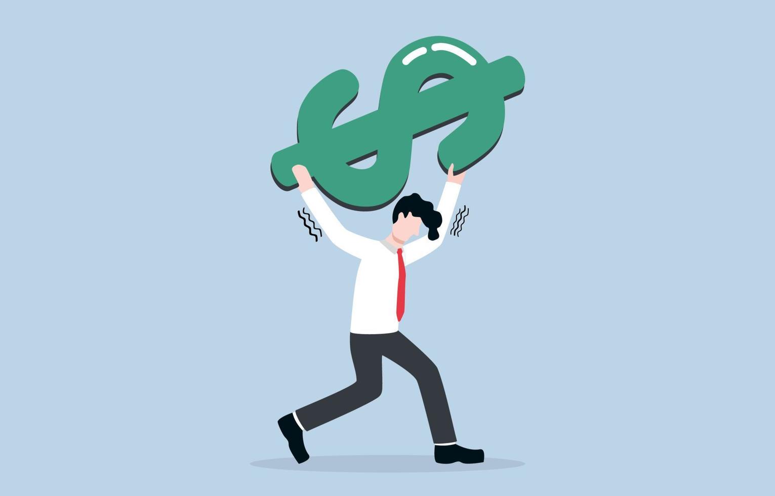 Financial burden, bearing high expenses or cost of living due to economic crisis or inflation, debt or loan concept. Exhausted businessman carrying heavy dollar sign on his shoulder. vector