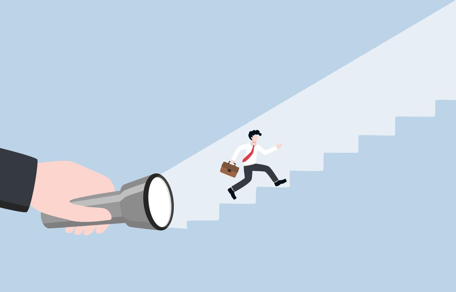 Mentorship to support employee career advancement, guidance for achievement, encouragement at work concept. Boss turning on flashlight to create staircase of success for employee. vector