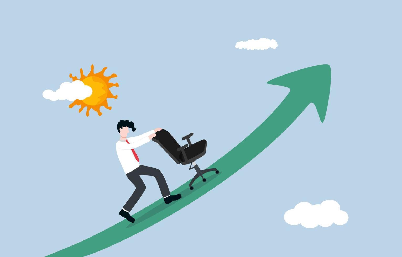 Work hard for career progress or job promotion, self motivation to become more successful at work, indomitable effort to reach target concept. Steadfast businessman pushing office up rising graph. vector
