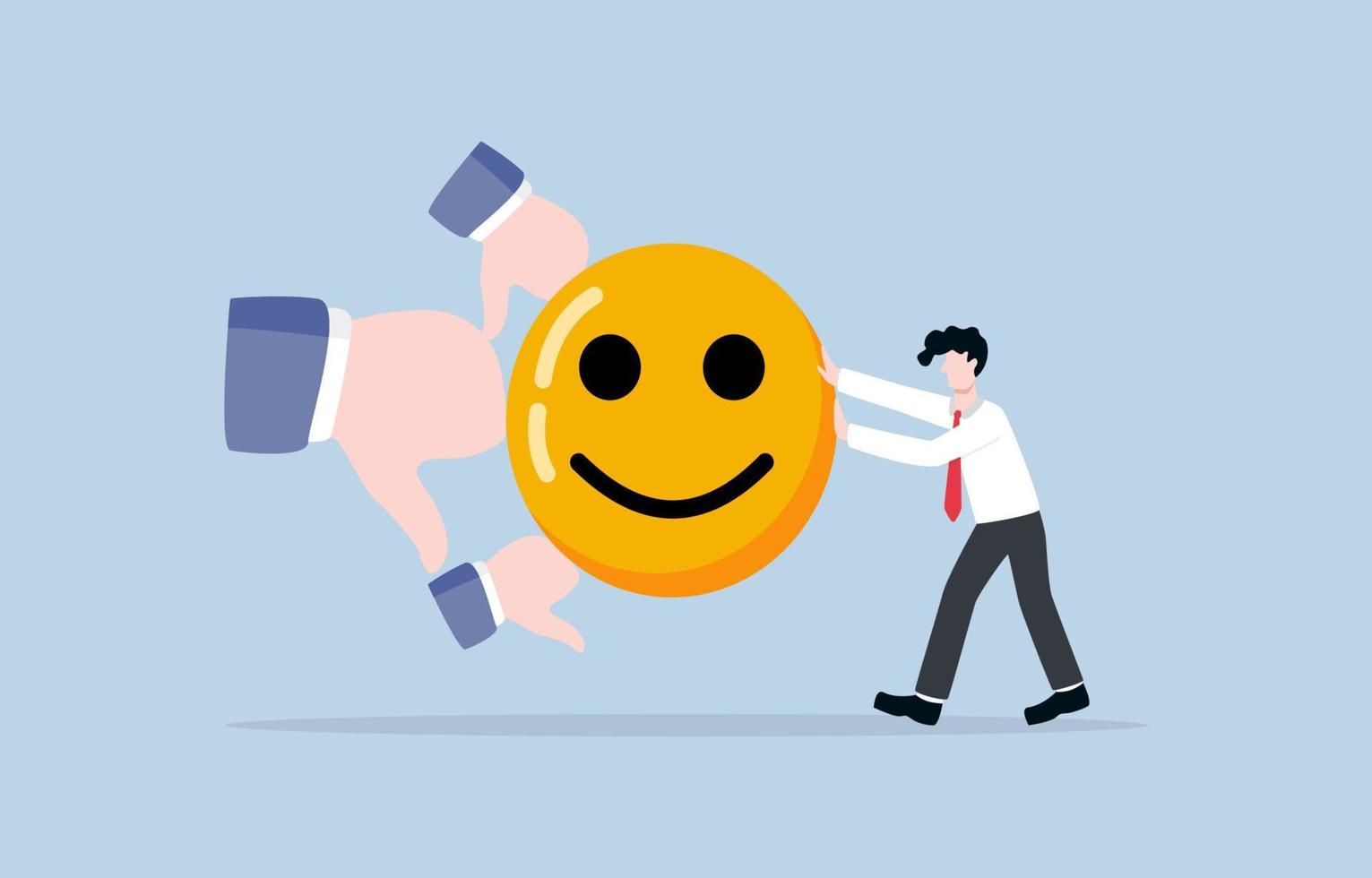 Handling with negative feedback, review, or comment, having positive attitude or optimism for customer contact, emotional intelligence concept. Businessman pushing smiley face to cope thumb down signs vector