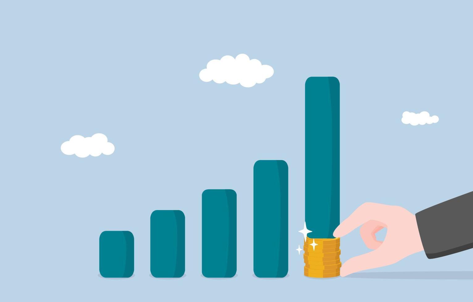 capital de riesgo en negocios con buenas perspectivas, recaudación de fondos en una empresa en crecimiento, asociación para recibir el concepto de participación en las ganancias. gráfico de barras ascendente de apoyo de mano de hombre de negocios gigante con pila de monedas. vector