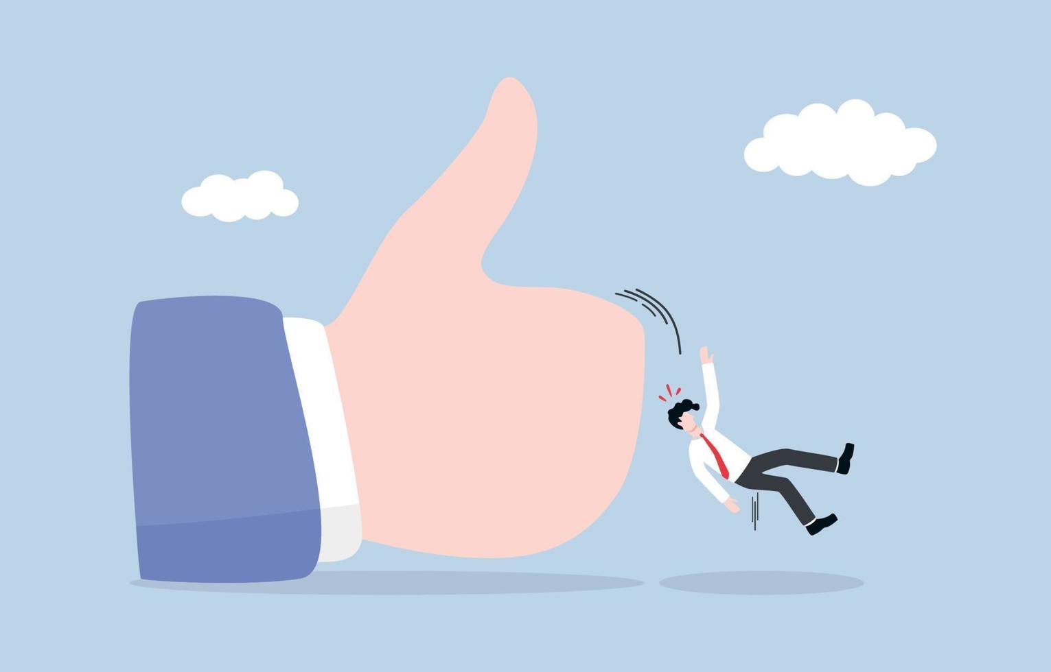 Success trap, business company never thinking  for adaptation or neglect to pursue and gain new knowledge for long-term viability concept. Businessman entrepreneur falling down form big thumb up sign. vector