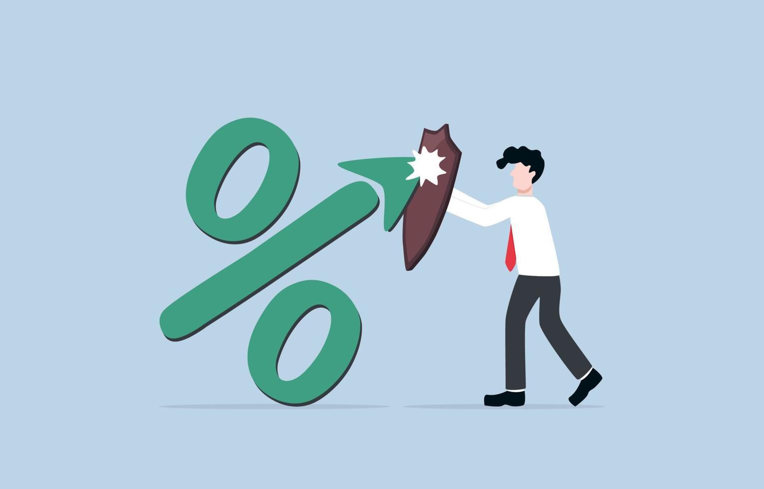 Measures to prevent high inflation from government or central bank, federal reserve policy to maintain economy concept. Businessman holding shield to face percent up arrow symbol. vector