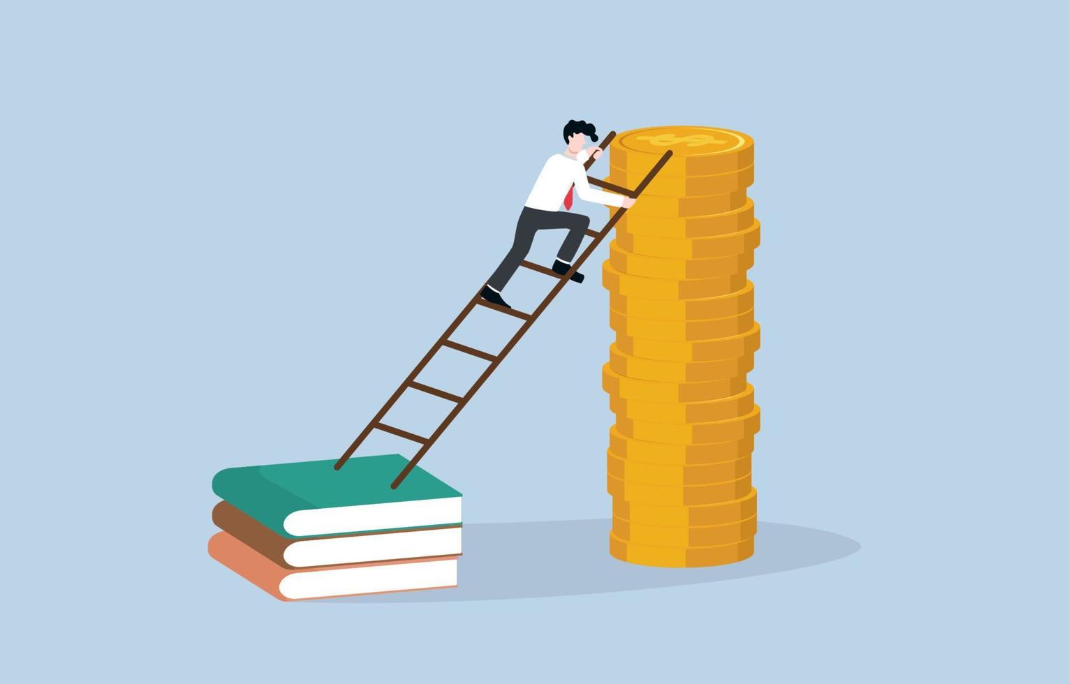 la educación es la escalera hacia el éxito, aumentar el conocimiento, ayudar al crecimiento de los ingresos o al concepto de extensión empresarial. hombre de negocios inteligente subiendo la escalera de la pila de libros para llegar a la cima de la pila de monedas de dólar. vector