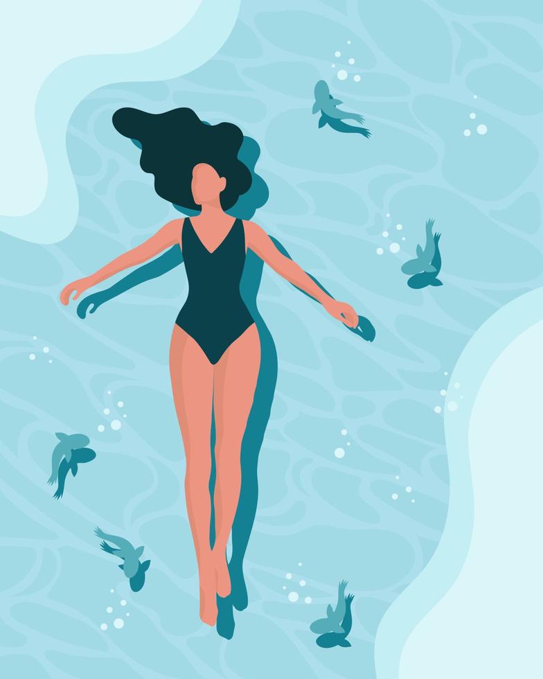 una joven con traje de baño turquesa yace en el agua del mar con peces. ilustración de vacaciones de verano, imágenes prediseñadas, vector