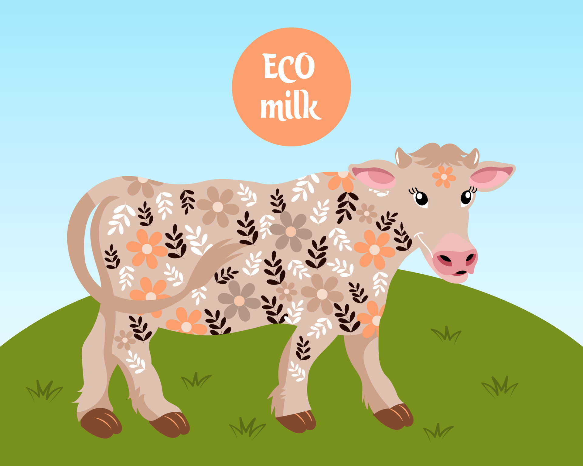 Illustration, cute beige cow in flowers and Eco milk label on ...