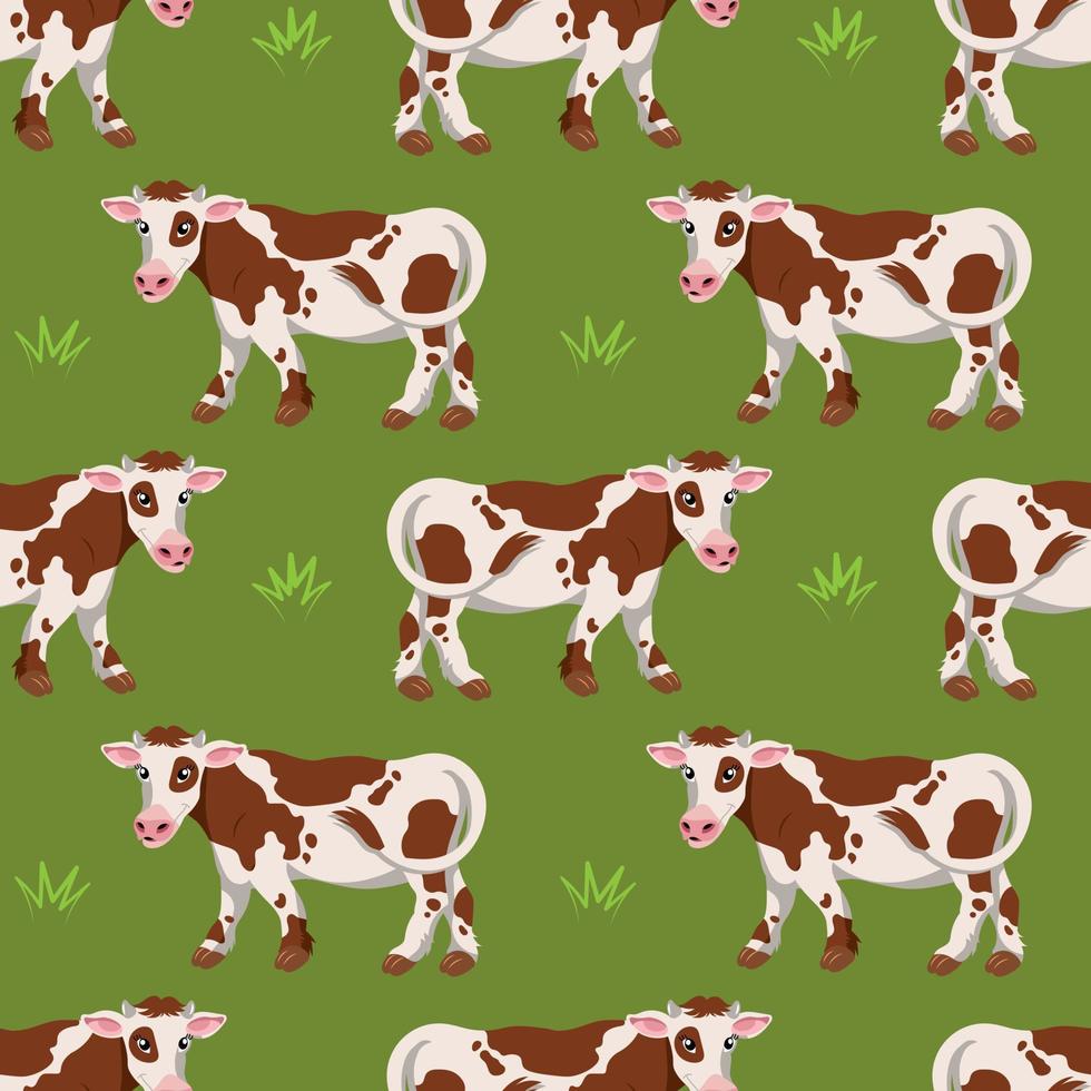 patrón impecable, lindas vacas manchadas sobre un fondo verde con hierba. estampado, fondo, textil, portada. vector
