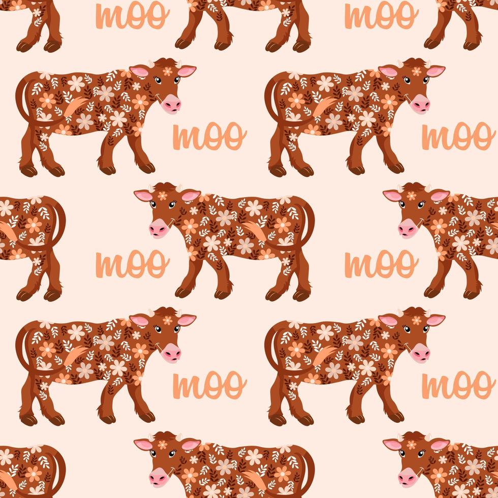 Seamless pattern, cute cows in flowers, brown and beige colors. print, textile, background, wallpaper vector