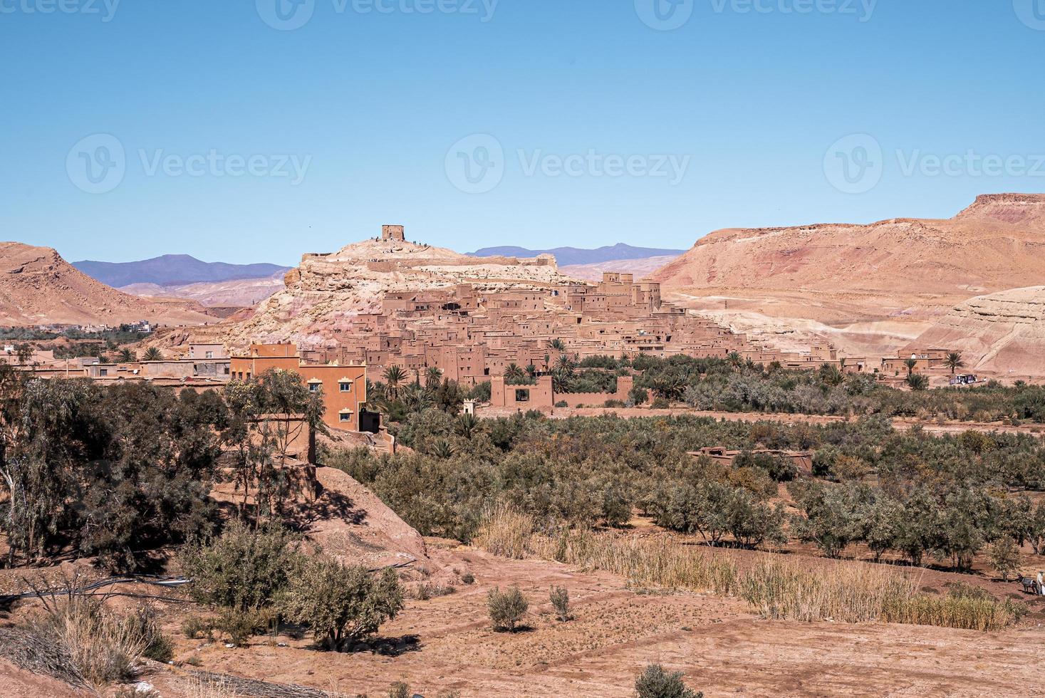 Scenic view of deserted mountain landscape and town with bushes photo