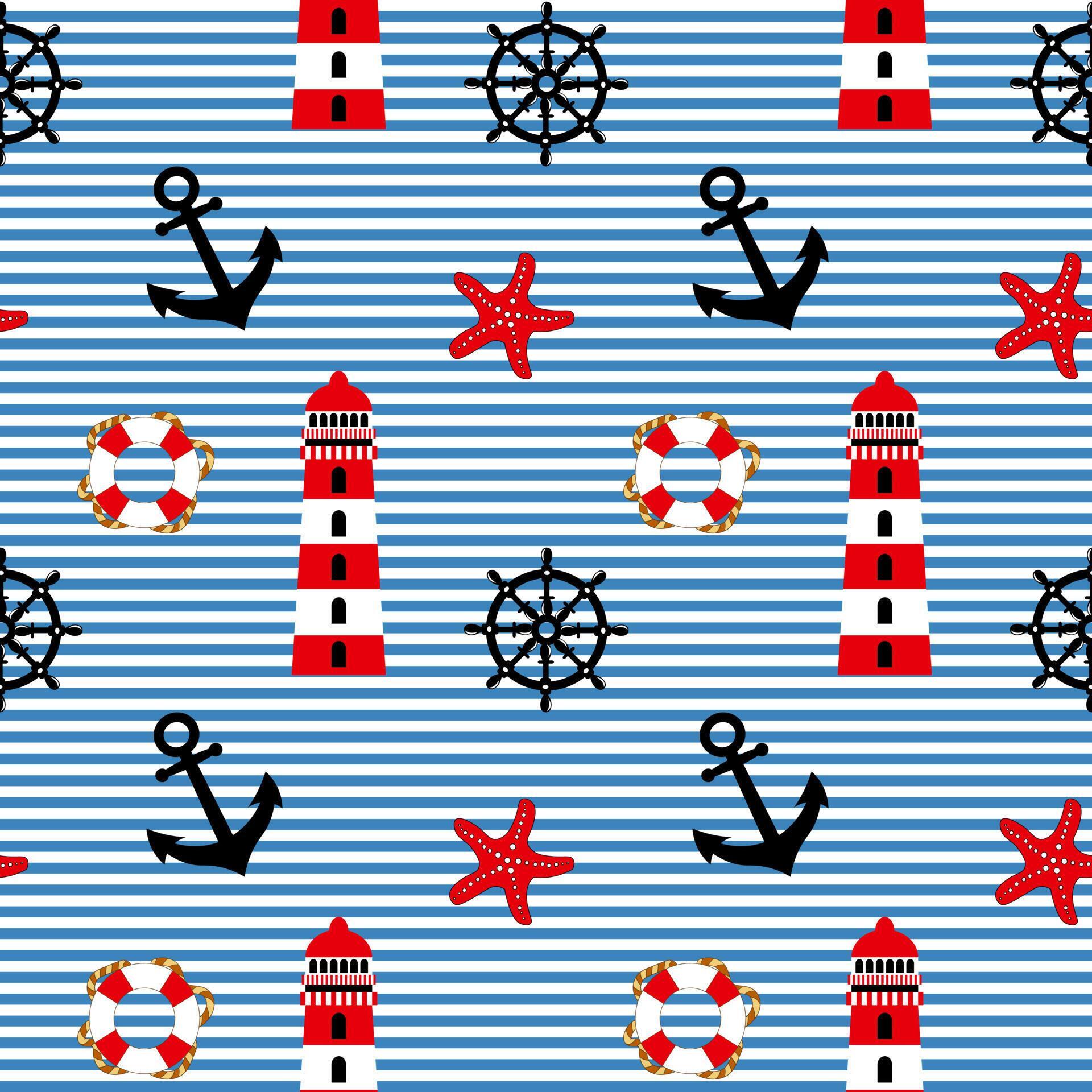 Nautical seamless pattern, anchor, lighthouse, lifebuoy, starfish and
