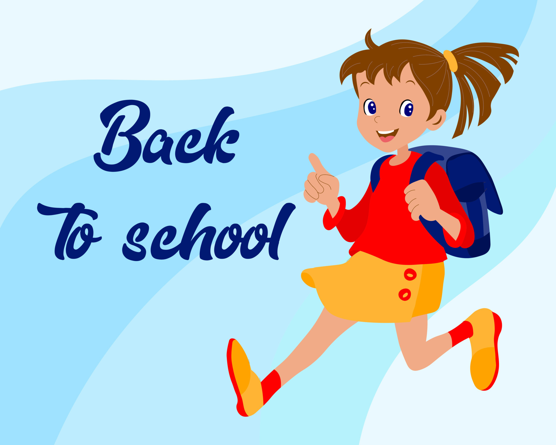 Cheerful girl with school bag runs to school and text Back to school. Baby  cartoon illustration, clip art, vector 8141672 Vector Art at Vecteezy