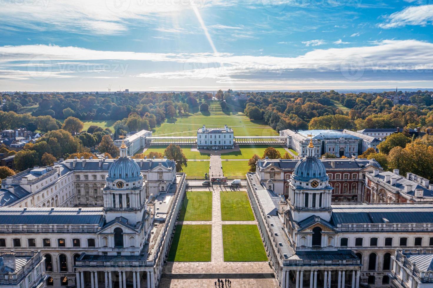 Panoramic aerial view of Greenwich Old Naval Academy by the River Thames photo