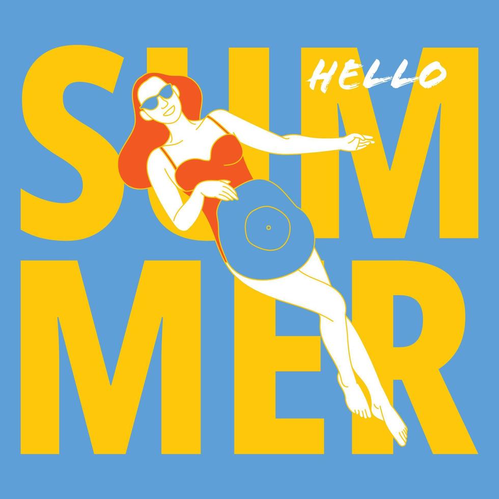 Illustration of young woman in a swimsuit is relaxing by the pool. vector
