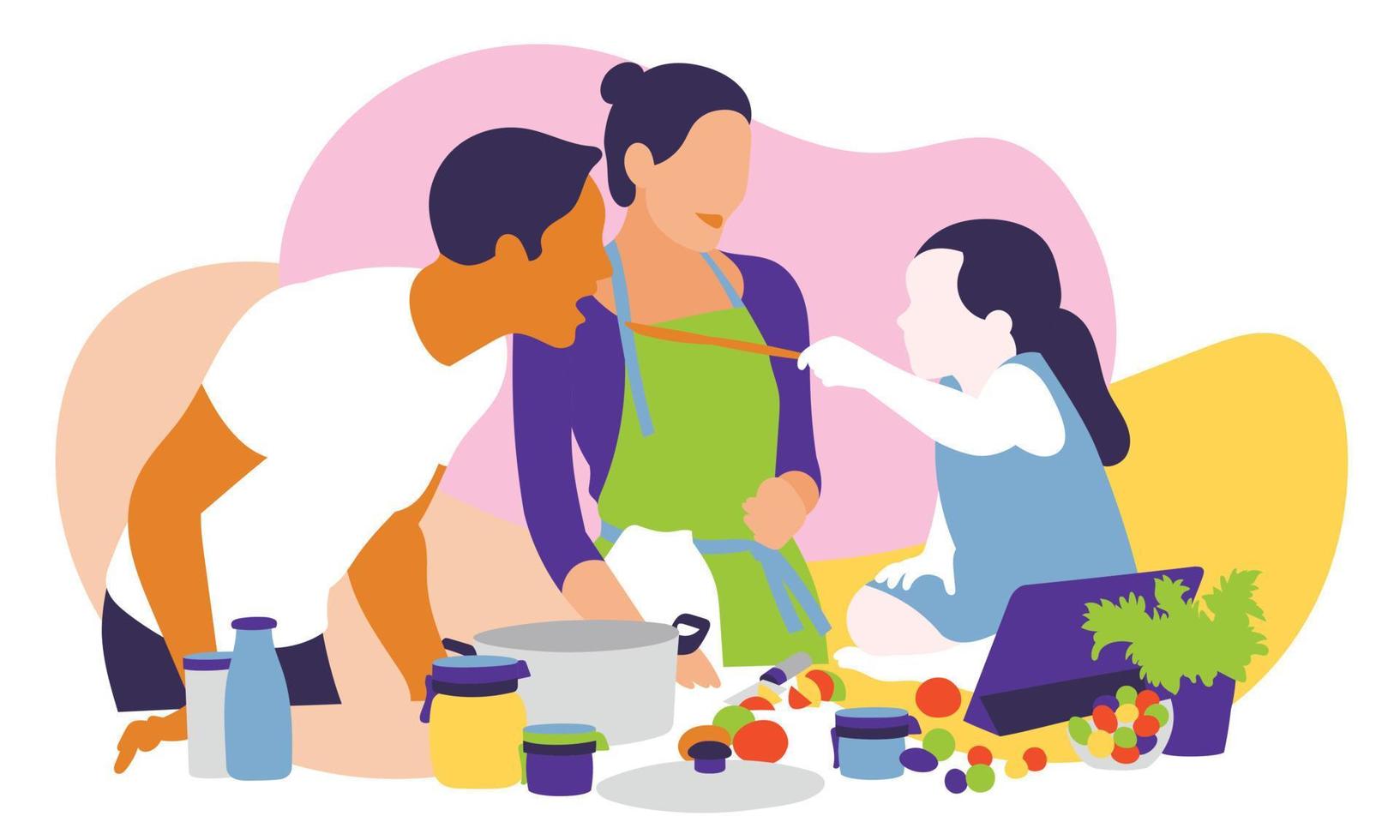 la familia está cocinando feliz en las vacaciones. ilustración vectorial vector