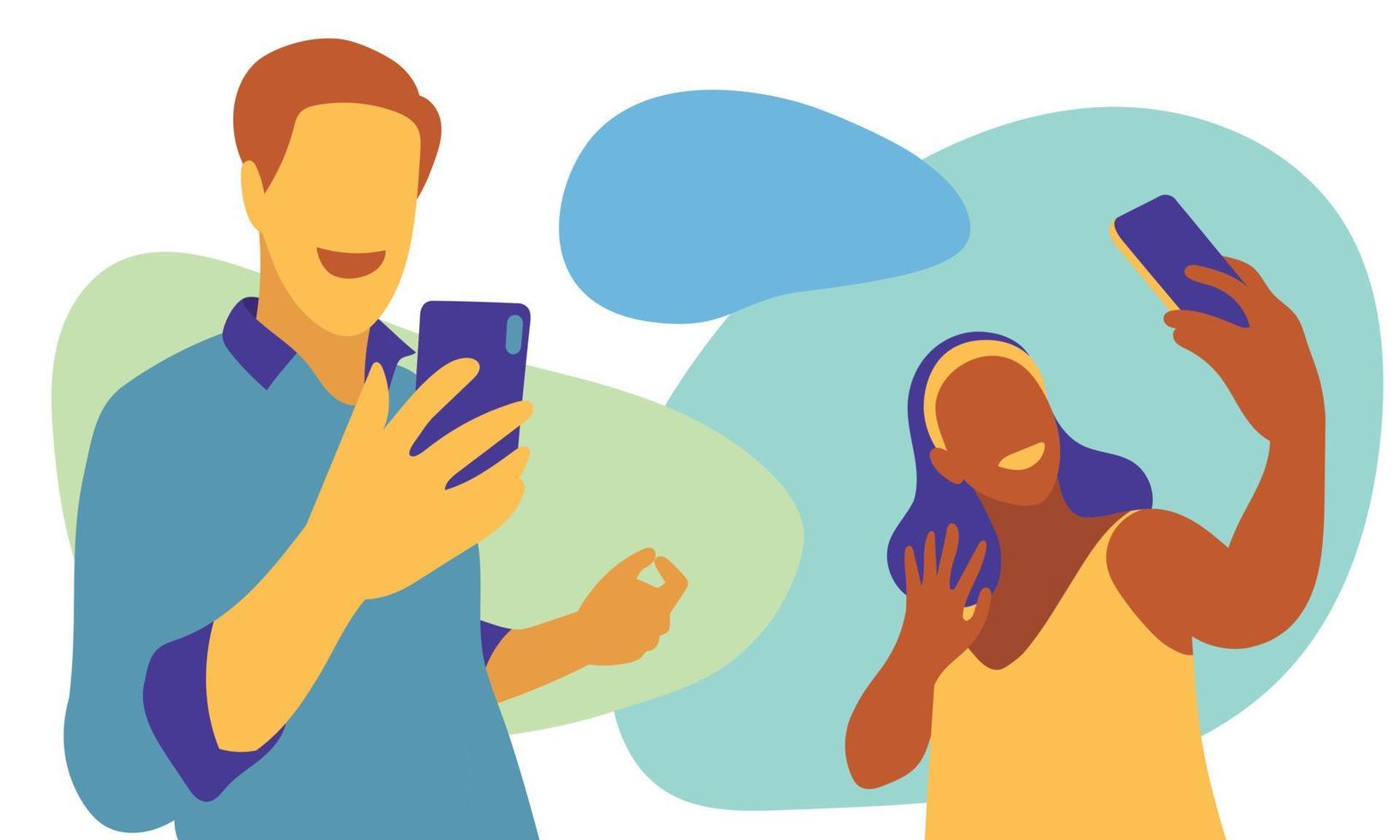 Video call lovers via smartphone, even far away. Vector illustration.