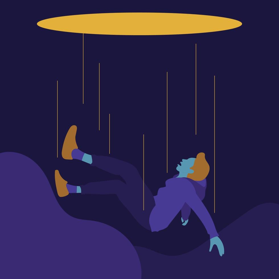 The young man fell from the hole to the darkness. Vector illustration.