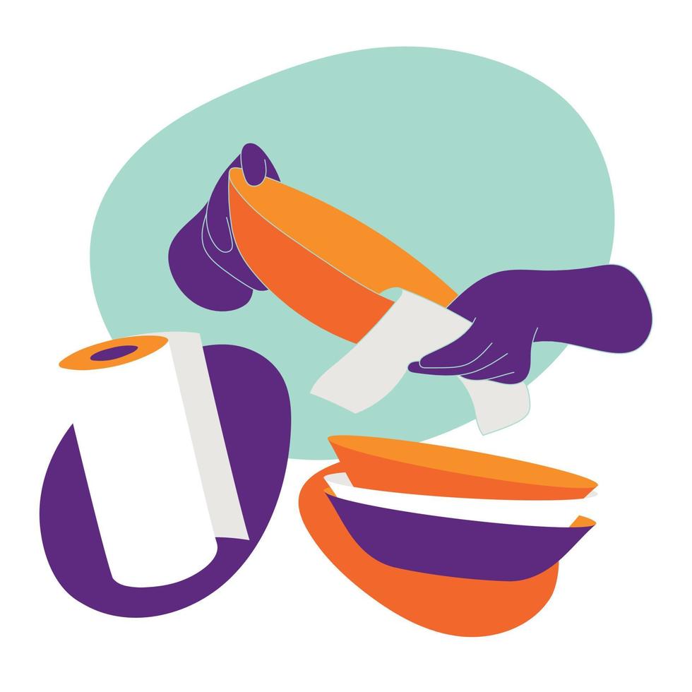 Wiping dishware with paper towel in kitchen vector