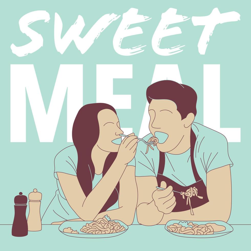 Illustrations of couple eating pasta in the kitchen vector
