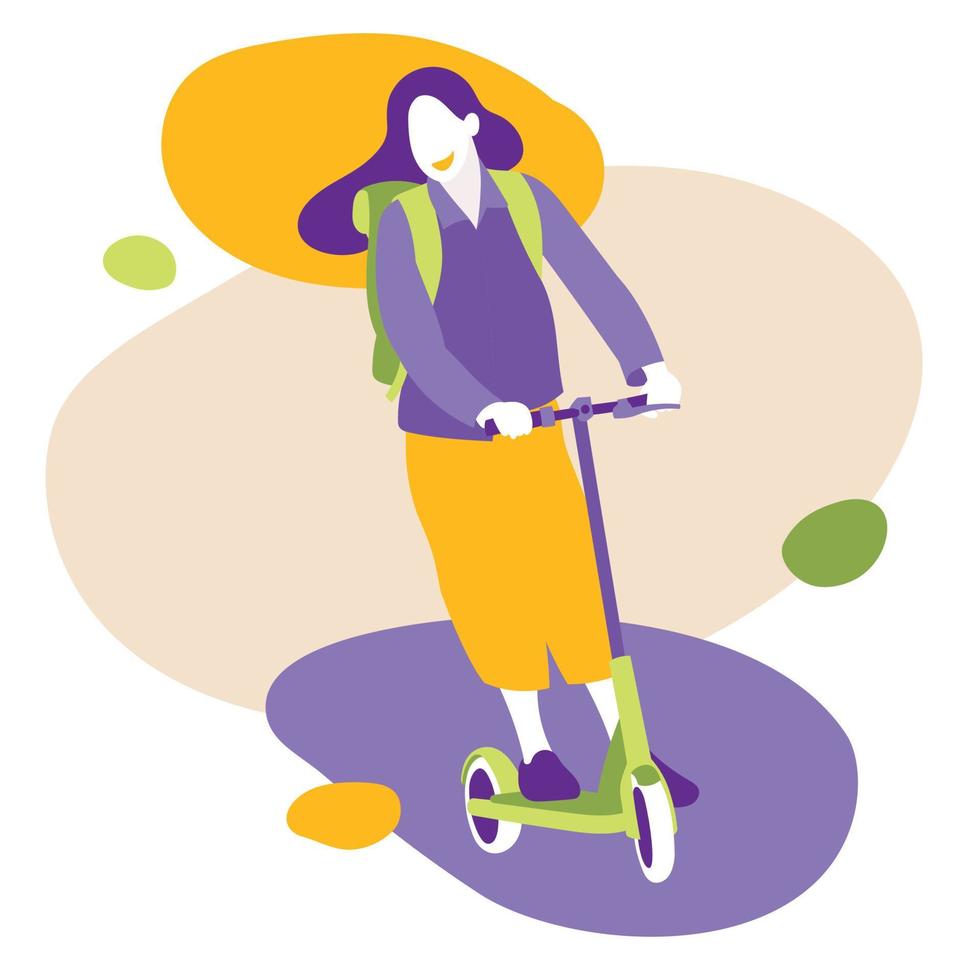 Happy young woman riding electric scooter. Vector illustration.