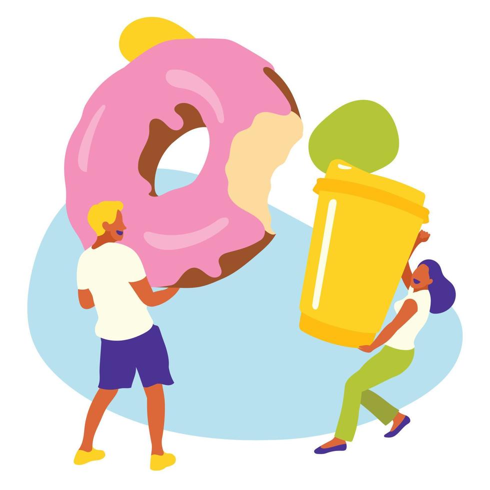 Young woman with a cup of coffee and a young man with a donut vector