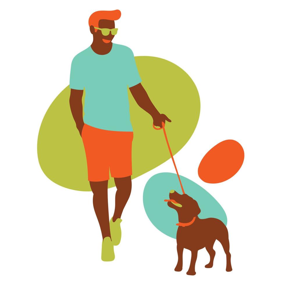 Young man took the dog for a walk happily vector