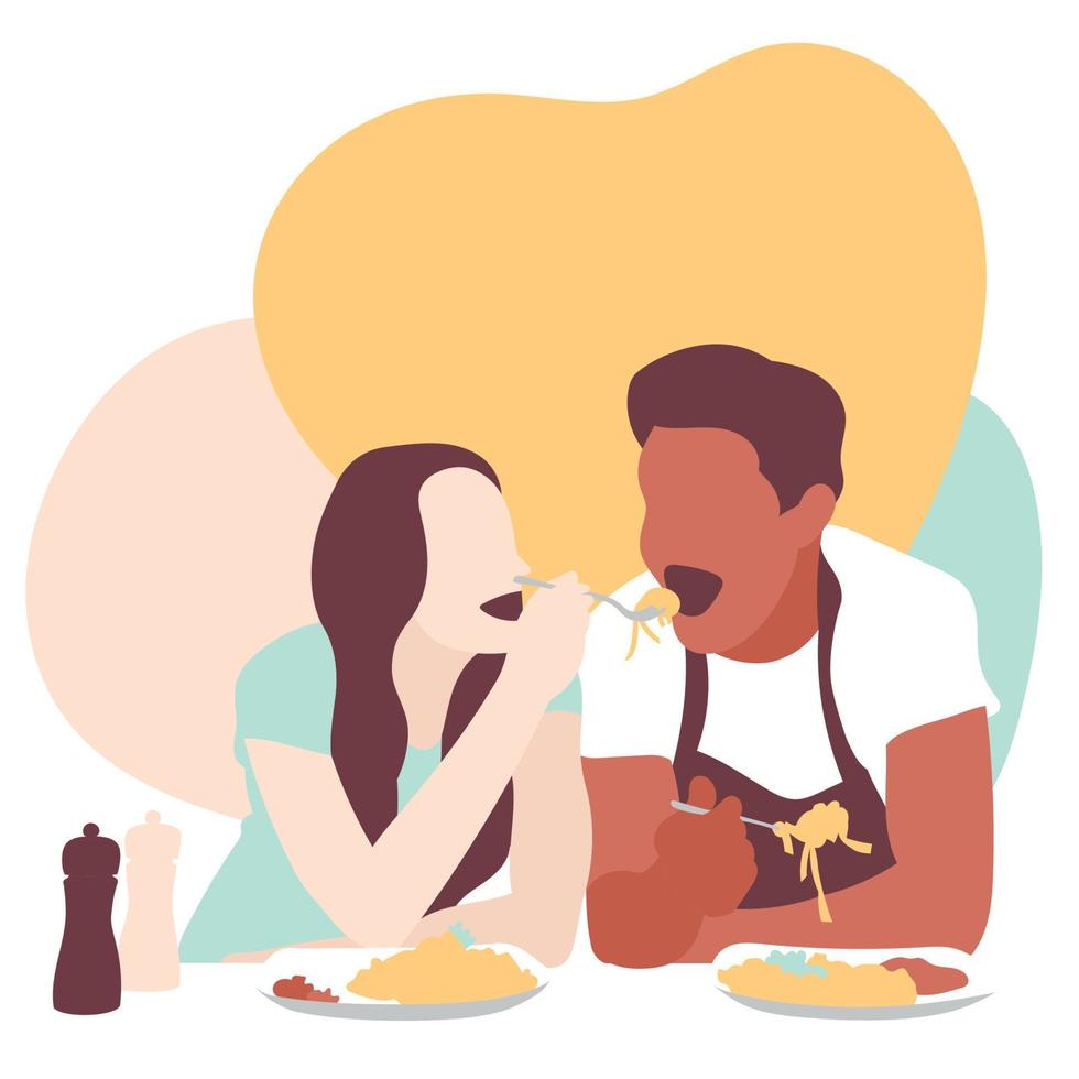 amantes comiendo pasta en el festival del amor. ilustración vectorial vector
