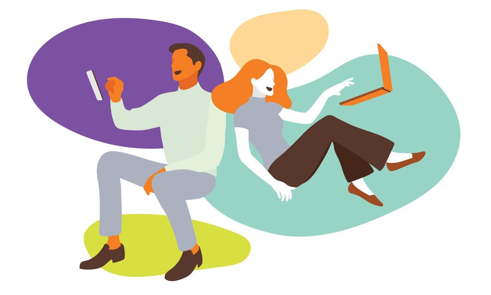 Man and woman using floating electronic devices. Vector illustration.