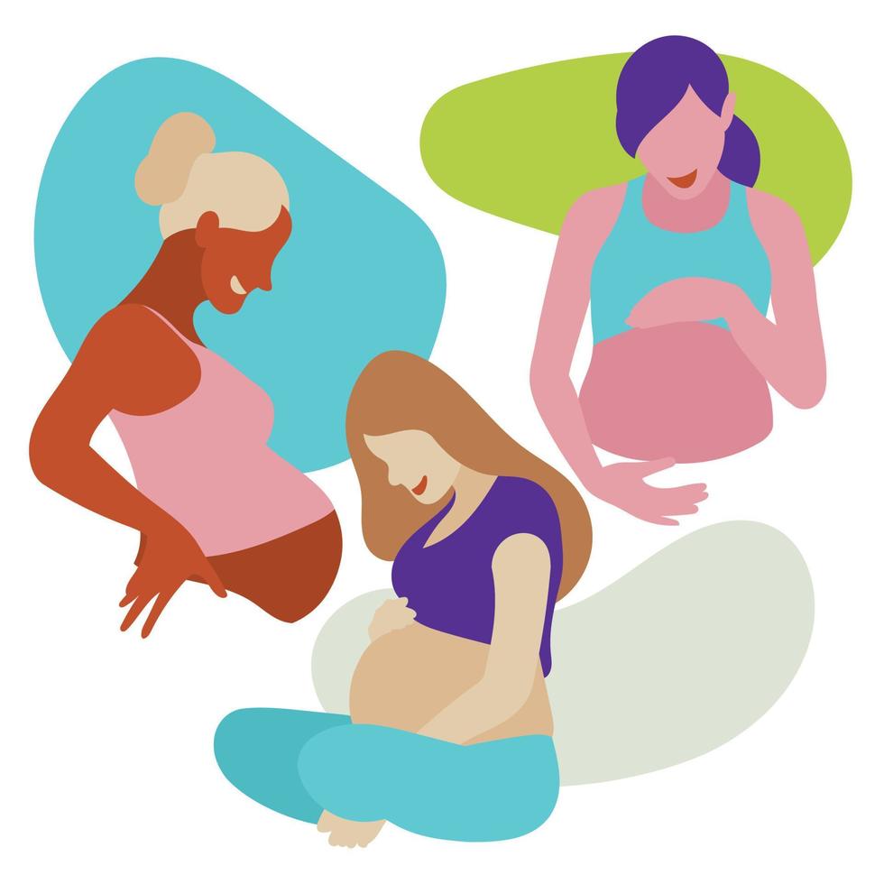 Group of young pregnant women doing relaxation. Vector illustration.