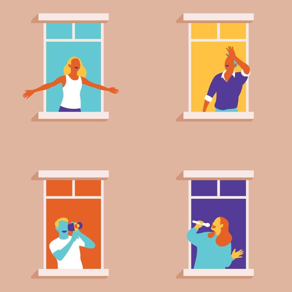 Apartment building with people in open space vector