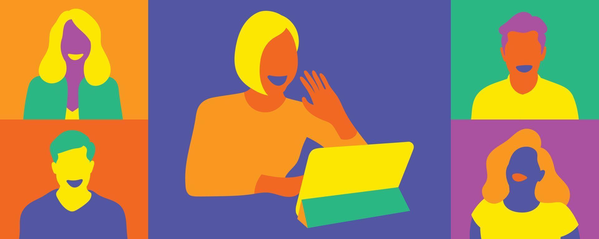 Video conferencing of people working at home. Vector illustration.