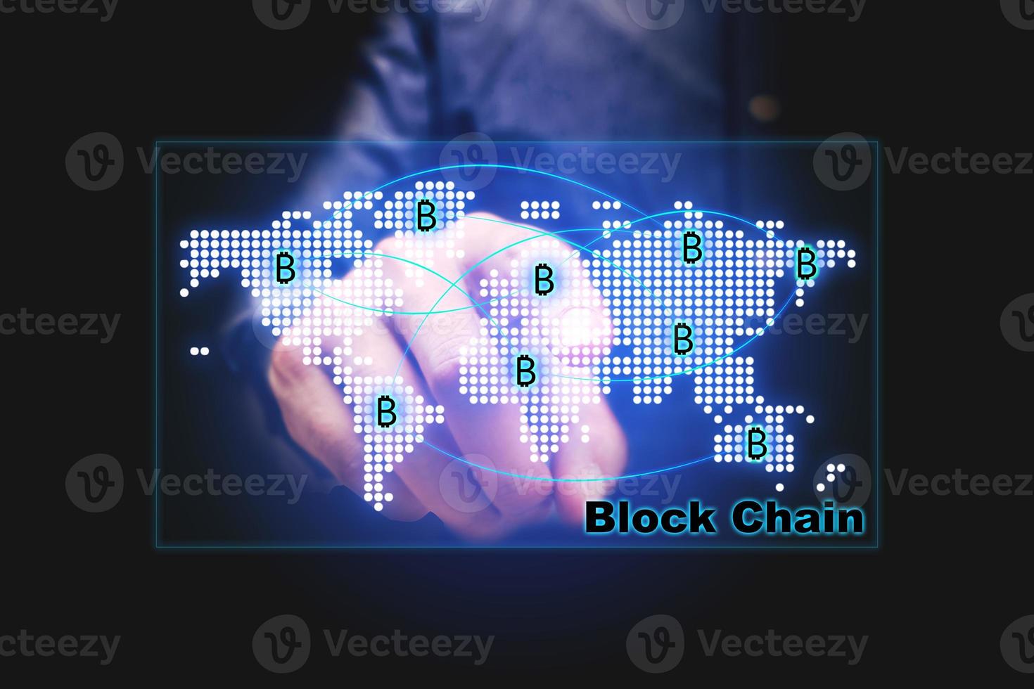 Block chain concept with businessman pointing map network on virtual screen. photo