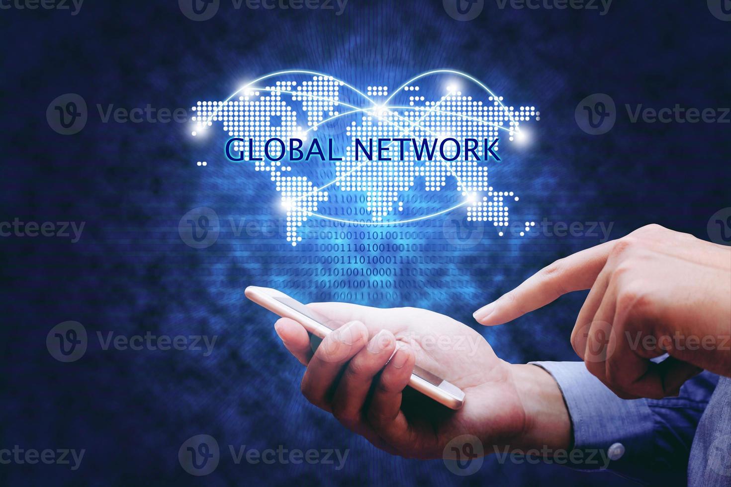 Global network concept, hand man holding mobile phone and virtual map and networking link. photo