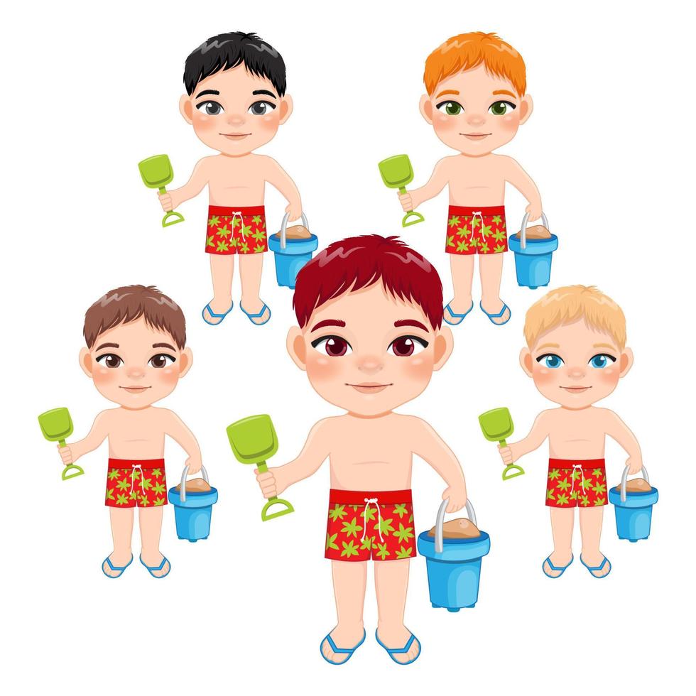 chico de la playa en vacaciones de verano. vector de diseño de personaje de dibujos animados de cubo de arena para niños