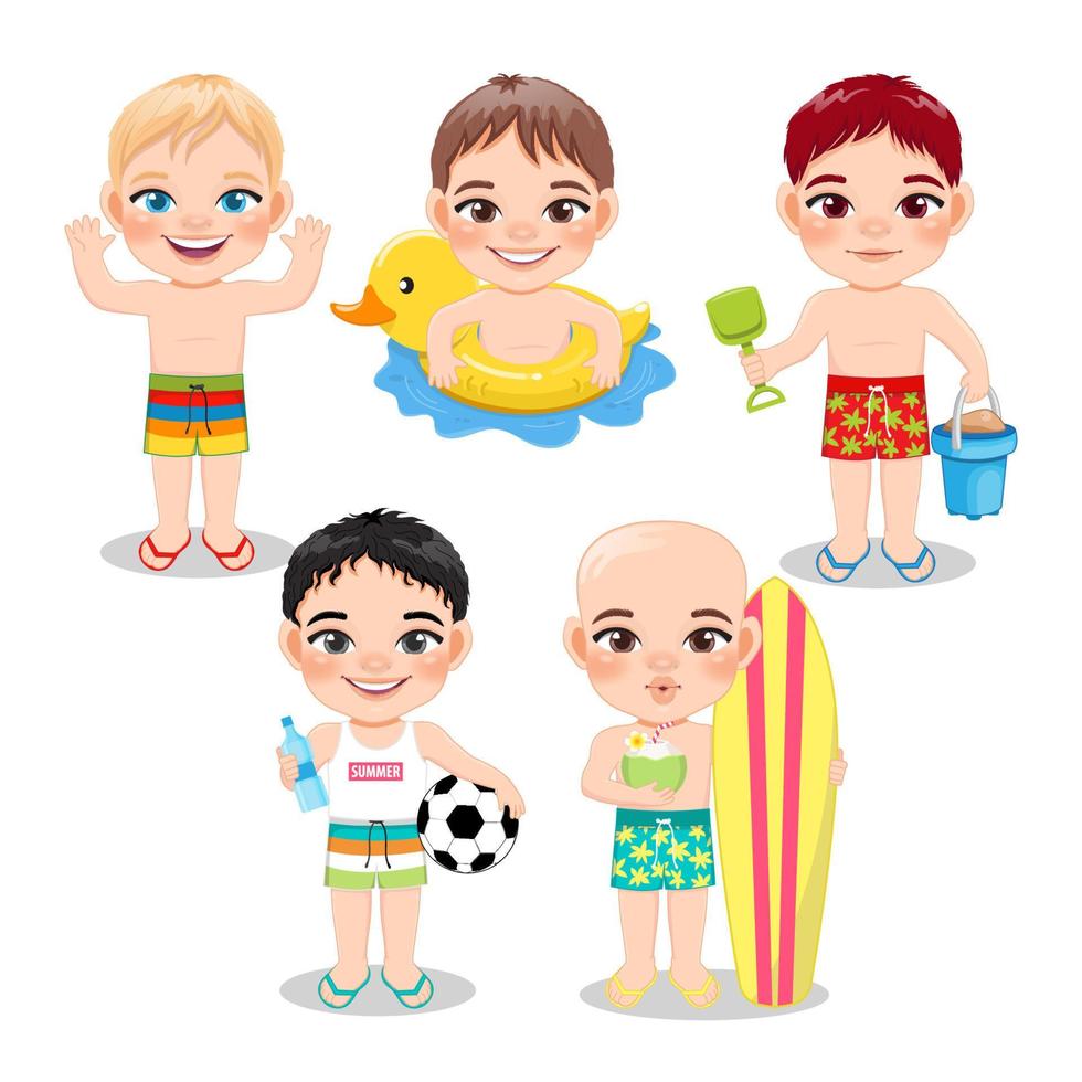 Group of boys playing at the beach on summer holidays in white background vector