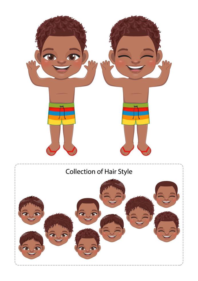 Cartoon happy little black boy in a summer swimsuit vector