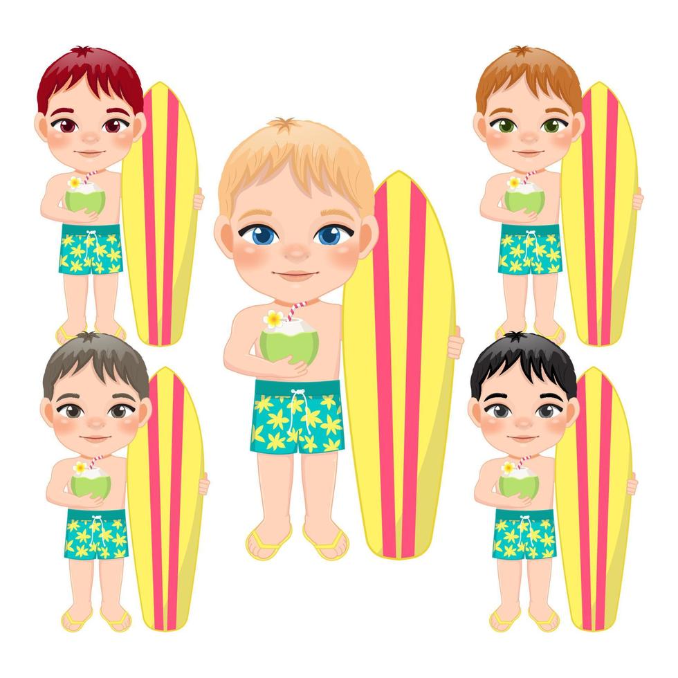 chico de la playa en vacaciones de verano. niños con tabla de surf y jugo de coco vector de diseño de personajes de dibujos animados