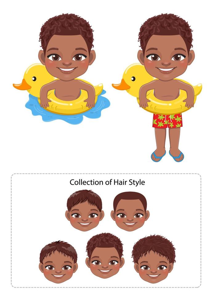 niño africano americano de verano en vector de dibujos animados de anillo inflable de pato