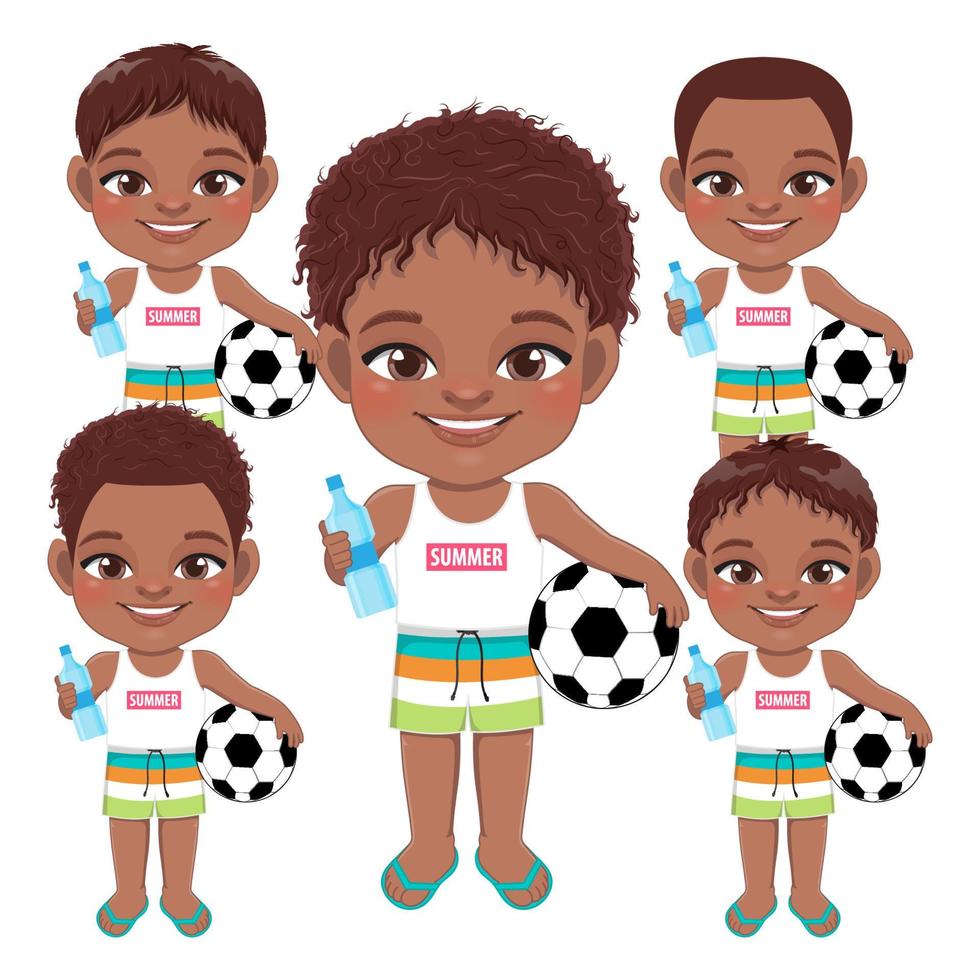 chico negro de playa en vacaciones de verano. niños afroamericanos sosteniendo vector de diseño de personajes de dibujos animados de fútbol y botella de agua