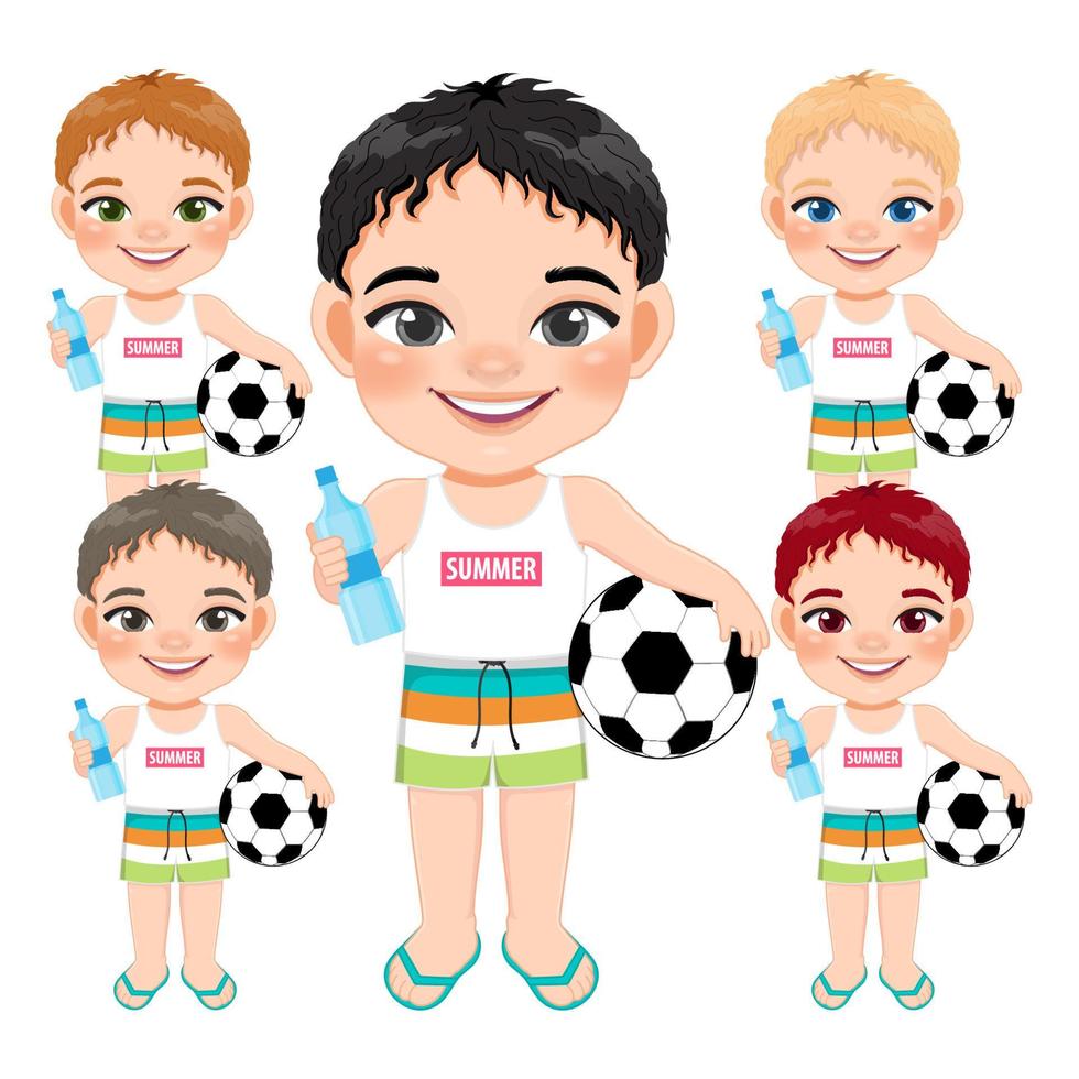 chico de la playa en vacaciones de verano. niños sosteniendo vector de diseño de personajes de dibujos animados de fútbol y botella de agua