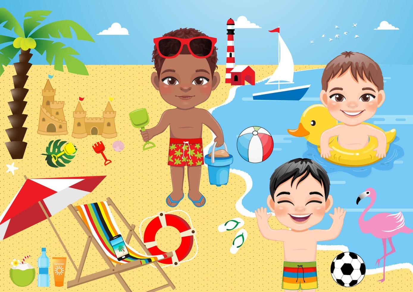 Group of boy kids having fun on beach. Child swimming with duck inflatable ring rubber, holding sand tank on the beach, build sand castle vector