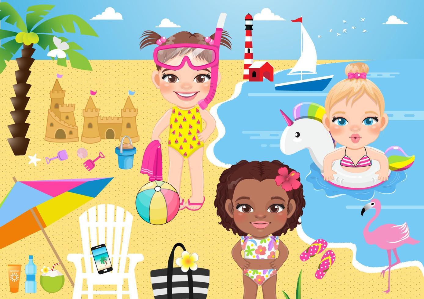 grupo de niñas divirtiéndose en la playa. niño nadando con goma de anillo inflable de unicornio, sosteniendo una toalla y usando gafas de buceo en la playa, construye vector de castillo de arena