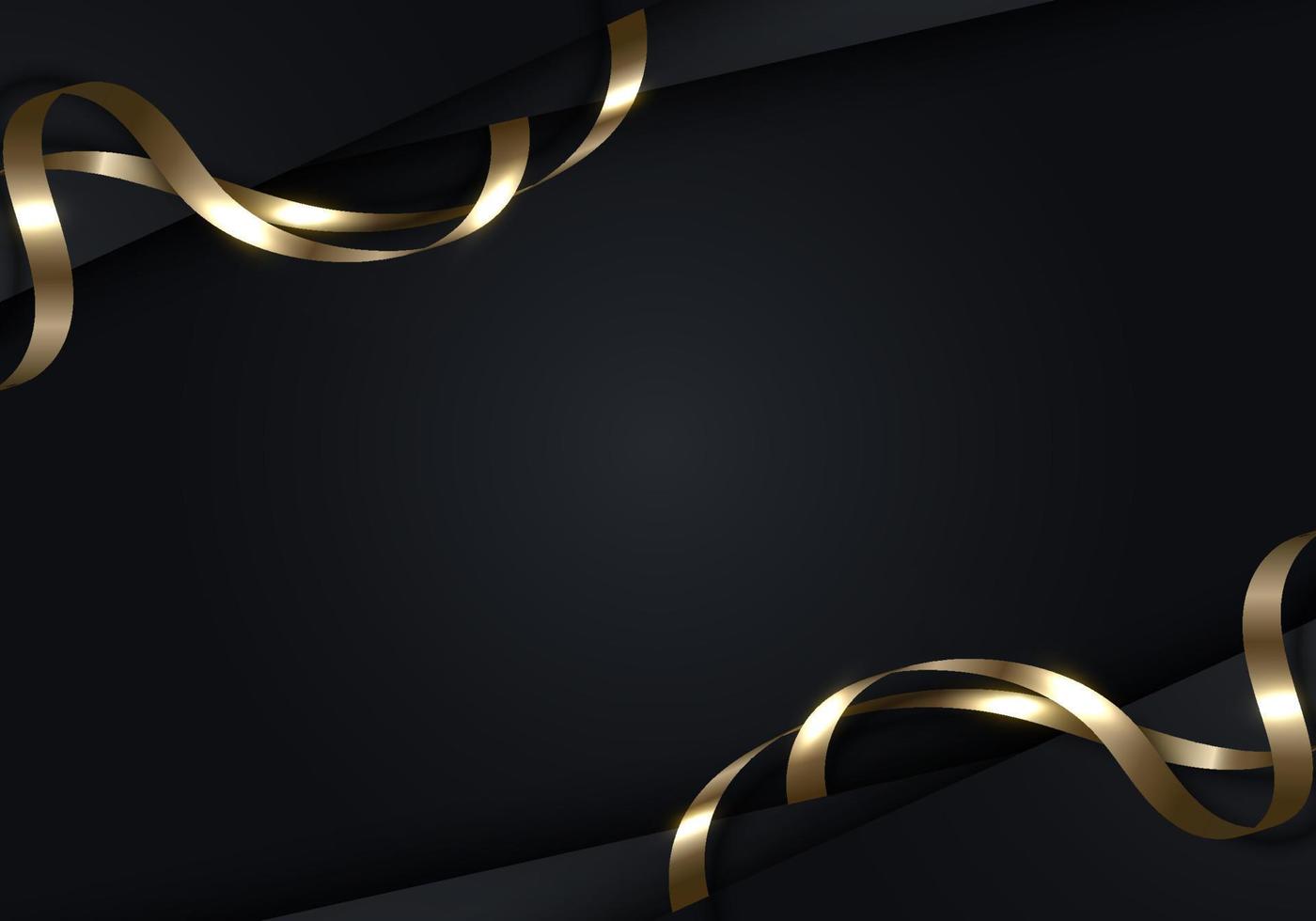 3D modern luxury template design black stripes with golden ribbon curly and lighting on dark background vector